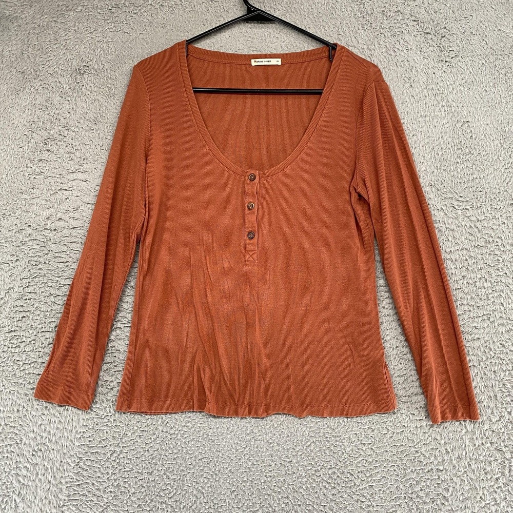 Marine Layer Henley Shirt Womens XL Ribbed Modal Long Sleeve Basic Fall Orange